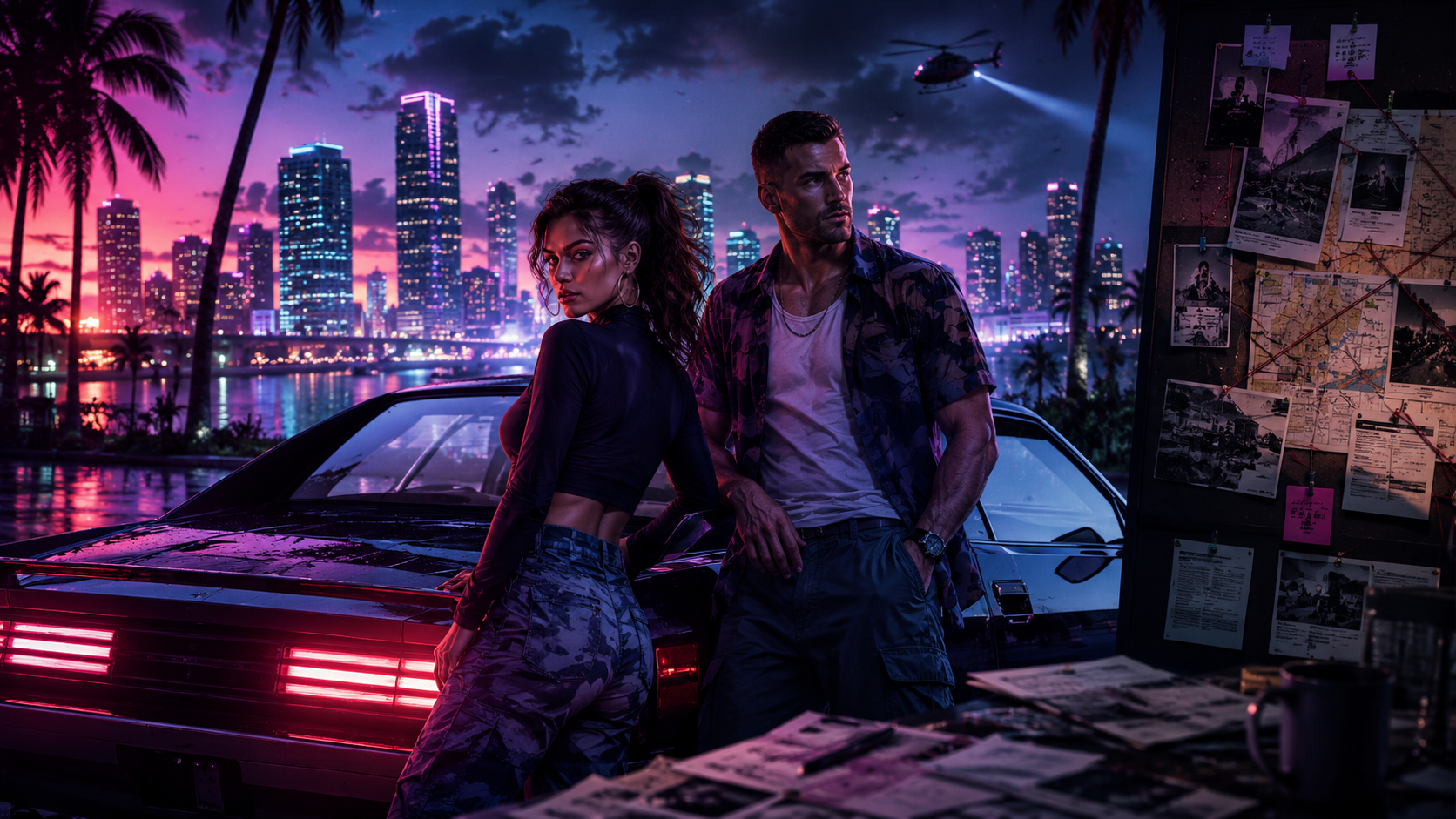 Original neon-noir editorial artwork for GTA VI confirmed facts guide