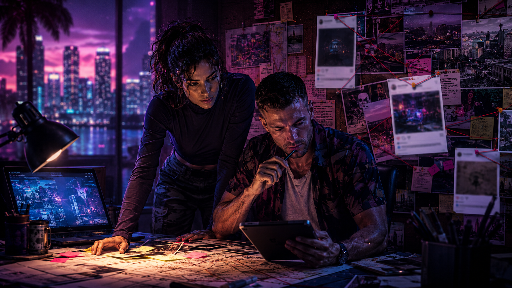 Original neon investigation artwork for GTA VI rumor checklist