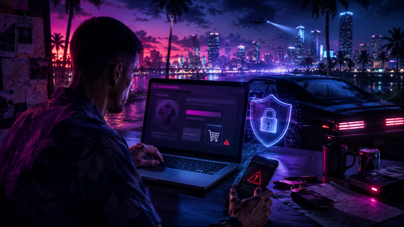 Original neon cybersecurity artwork for GTA VI preorder safety guide