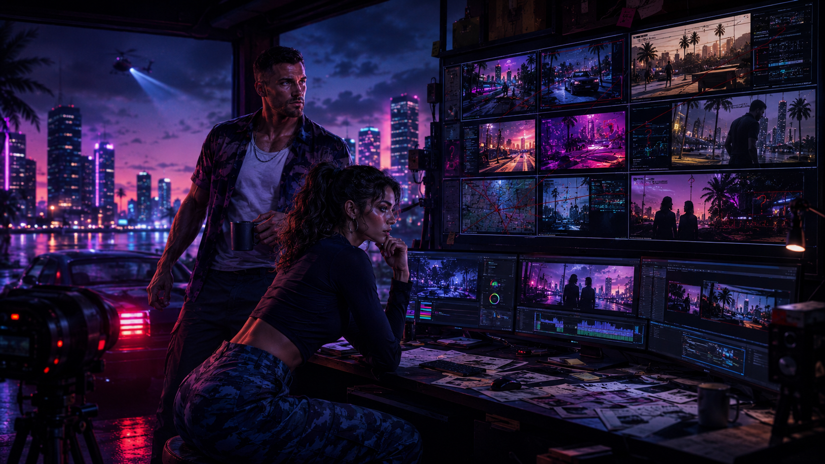 Original neon analysis-room artwork for GTA VI trailer breakdown